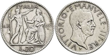 монета Италия 20 лир 1927