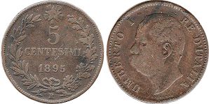 монета Италия 5 чентизими 1895
