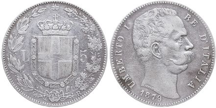 монета Италия 5 лир 1879