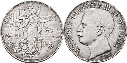монета Италия 5 лиры 1911