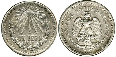 монета Мексика 1 песо 1919