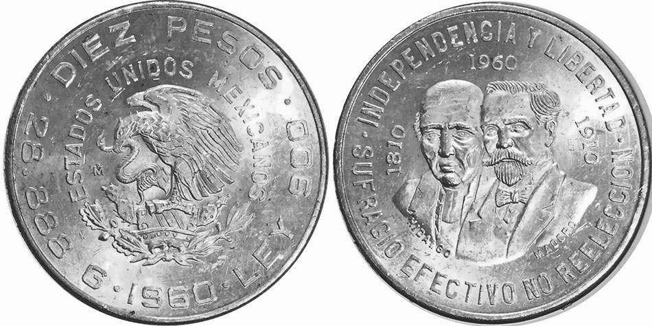 Мексика монета 10 песо 1960 Guerra de la Independencia