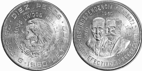 монета Мексика 10 песо 1960