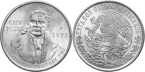 монета Мексика 100 песо 1977