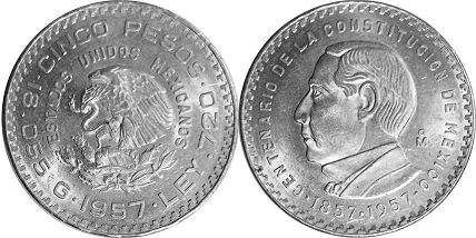 монета Мексика 5 песо Конституция 1957
