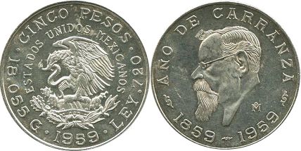 монета Мексика 5 песо 1959