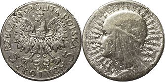 монета Польша 5 злотых 1933