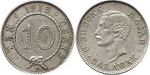 монета Саравак 10 центов 1913