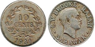 монета Саравак 10 центов 1934