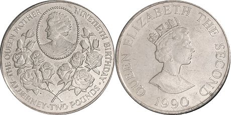монета Олдерни 2 фунта 1990
