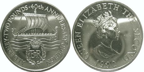 монета Олдерни 2 фунта 1992