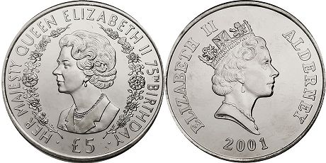 монета Олдерни 5 фунтов 2001