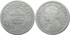 монета Британская Индия 1/4 рупии 1890