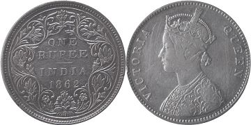 монета Британская Индия 1 рупия 1862