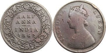 монета Британская Индия 1/2 анны 1862