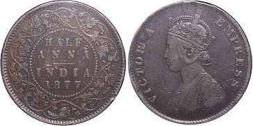 монета Британская Индия 1/2 анны 1877