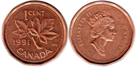 Канада монета Elizabeth II 1 цент 1991