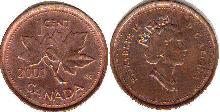 Канада монета Elizabeth II 1 цент 2001