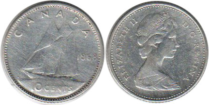 Канада монета Elizabeth II 10 центов 1968 dime