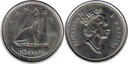 Канада монета Elizabeth II 10 центов 1991 dime