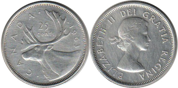 Канада монета Elizabeth II 25 центов 1963 серебро