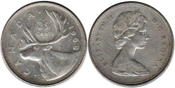 canadian монета Elizabeth II 25 центов 1968 серебро