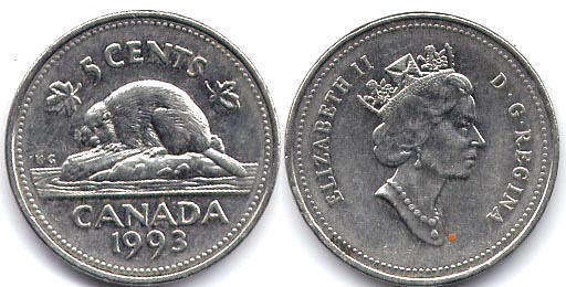 Канада монета Elizabeth II 5 центов 1993