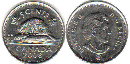 Канада монета Elizabeth II 5 центов 2008