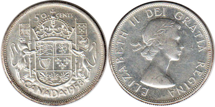 Канада монета Elizabeth II 50 центов 1958 серебро