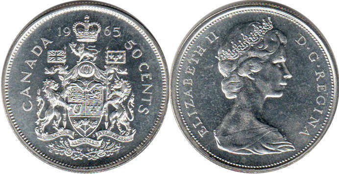 Канада монета Elizabeth II 50 центов 1965 серебро