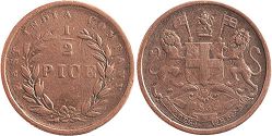 монета Ост-Индская компания 1/2 пайсы 1853
