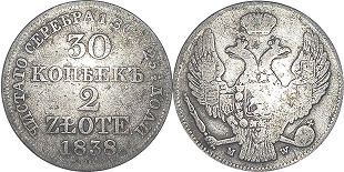 монета Польша 2 злотых 1838