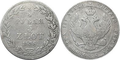 монета Польша 5 злотых 1838