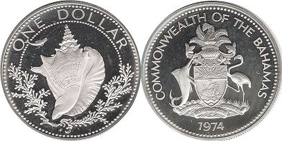 монета Багамы 1 доллар 1974