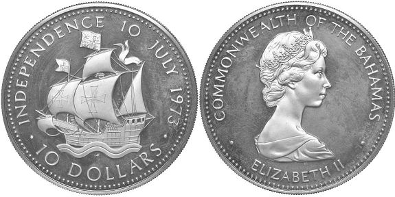 монета Багамы 10 долларов 1973