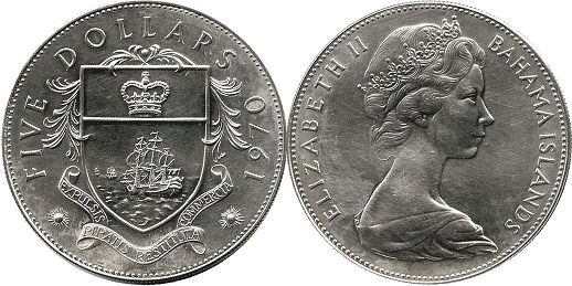 монета Багамы 5 долларов 1970