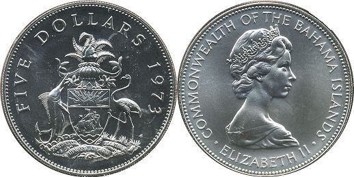 монета Багамы 5 долларов 1973