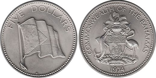 монета Багамы 5 долларов 1974
