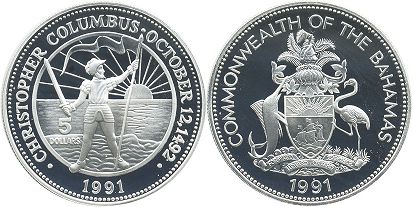 монета Багамы 5 долларов 1991