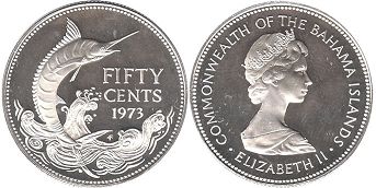 монета Багамы 50 центов 1973