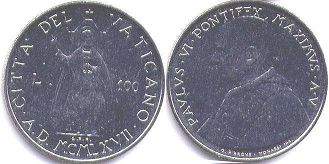 монета Ватикан 100 лир 1967