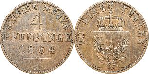 монета Пруссия 4 пфеннига 1864