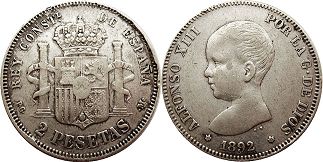 монета Испания 2 песеты 1892