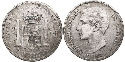 монета Испания 5 песет 1876