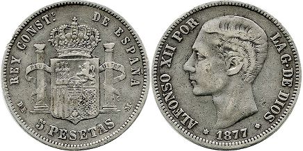 монета Испания 5 песет 1877