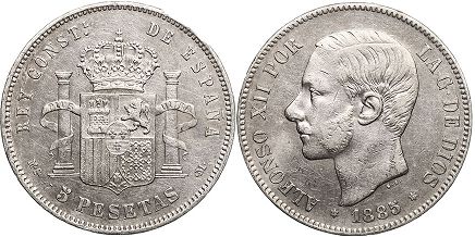 монета Испания 5 песет 1885