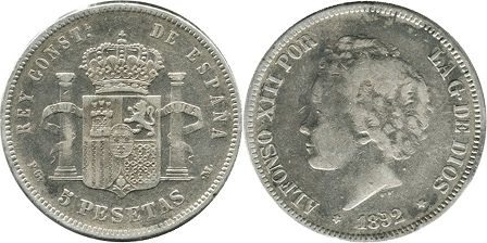 монета Испания 5 песет 1892