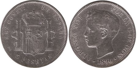 монета Испания 5 песет 1896