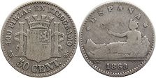 монета Испания 50 сентимо 1869