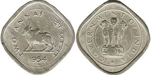 монета Индия 2 анны 1954